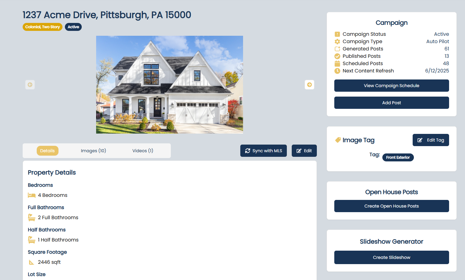 Listing Campaign interface showing property details and automated social posts